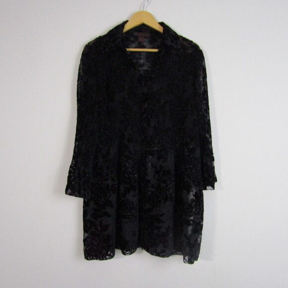 Women's Top L Black Burnout Velvet Roses Witchy Pleated Gothic Whimsygoth Sheer - Picture 13 of 14